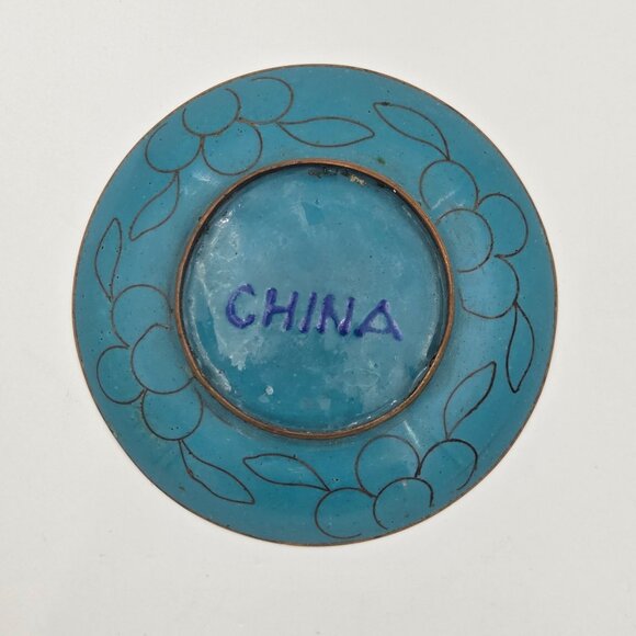 Cloisonné Prunus Brass Trinket Dish Set 3 Plum Blossom Enamel Plates 4″ - Picture 7 of 7